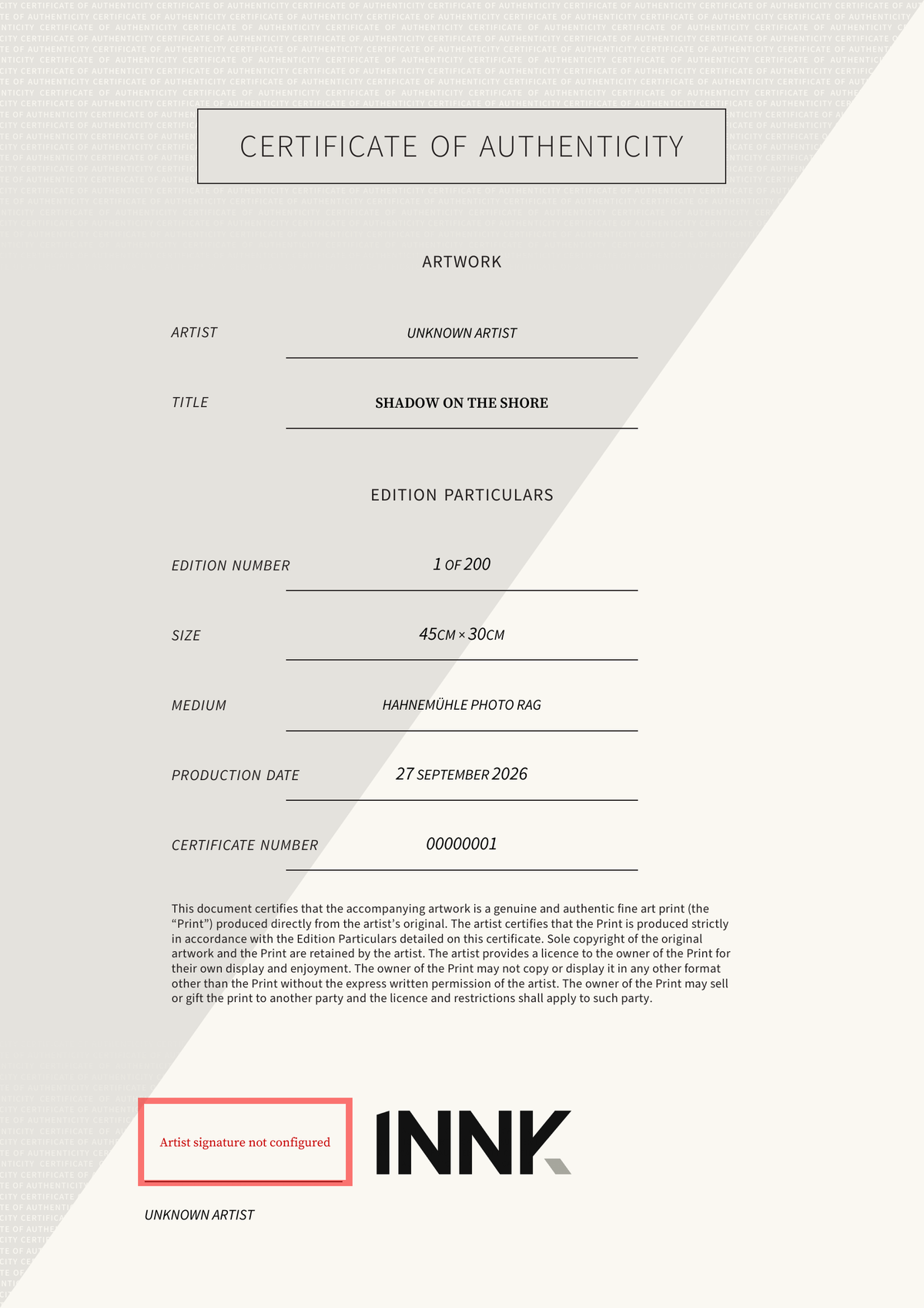 Shadow on the Shore — Certificate of Authenticity